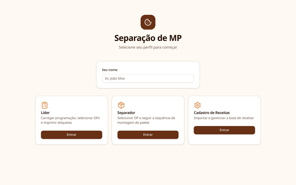 Tela de um sistema de separação de matéria-prima para produção